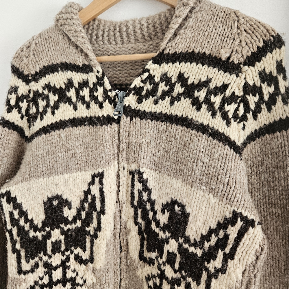 Men's Zip-Up Hooded Sweater in Beige and Cream with Black Pattern
